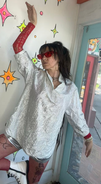 60s 70s Metallic Silver Top Retro Disco Space Age Party Blouse XL