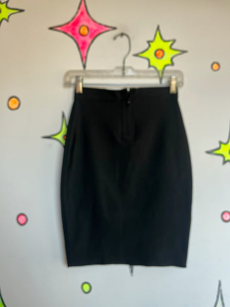 Vintage Y2K Black Mini Skirt Bodycon A-Line Clubwear w Slit Stretchy Sexy Goth S