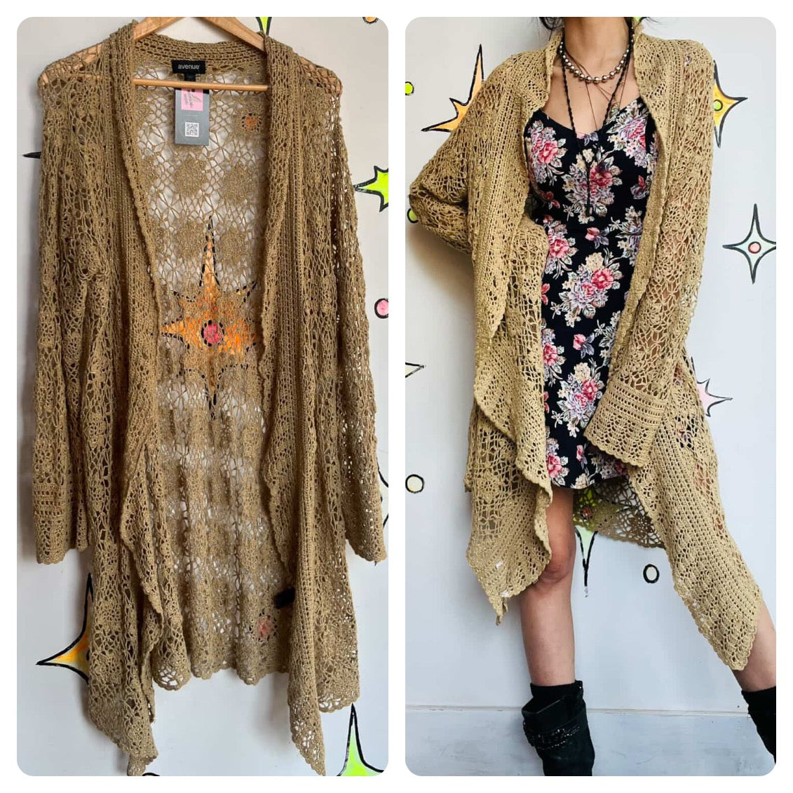 Vintage 90s Y2K Gold Crochet Fairy Grunge Boho Duster Robe Sweater – 14/16