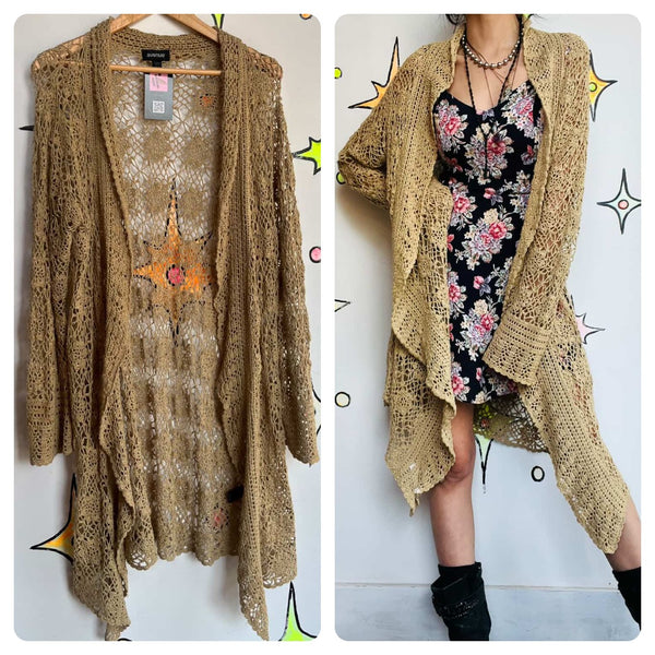 Vintage 90s Y2K Gold Crochet Fairy Grunge Boho Duster Robe Sweater – 14/16