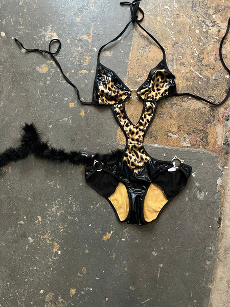 Y2K Leopard Print Kitty Teddy Play Suit Lingerie Bodysuit - M