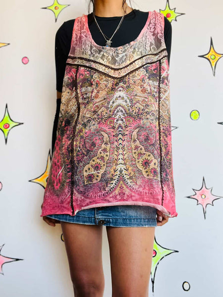 Y2K Tattoo Print McBling Embellished Tank Indie Sleaze Lace Fairy Grunge Top XL