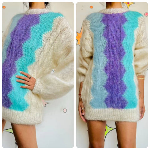 Vintage Pastel Clowncore Fairy Grunge Fuzzy Mohair Sweater Slouchy Cozy Knit - M