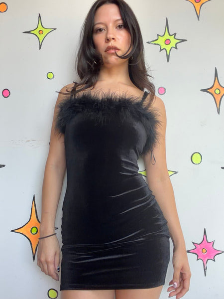 Black Velvet Feather Trim Mini Dress Whimsy Goth Glam Hollywood Femme XS