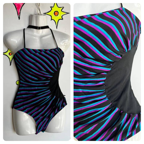 Vintage 70s 80s | Black Striped One Piece Swimsuit Bodysuit | Size S M
