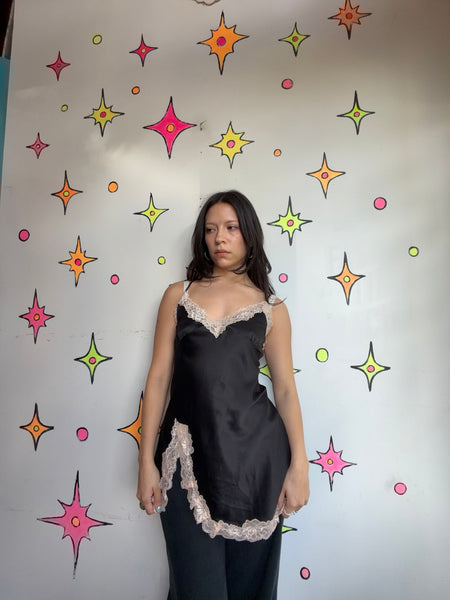 Vintage Black Satin Lace Slip Off White Lace Trim Romantic Goth Lingerie ML
