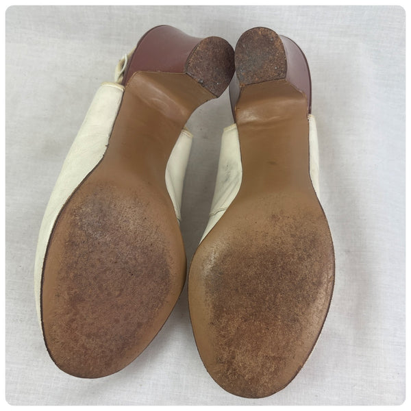 Vintage 1940s White Leather Peep Toe Slingback Heels – Pin-Up Cha Cha Style – 6