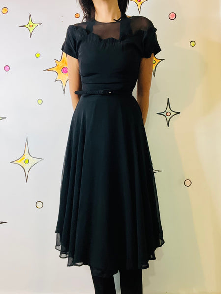 50s Fit & Flare Dress - Witchy Goth Pin-Up - Sheer Neckline - Black Cocktail - S