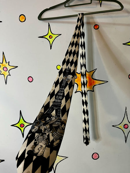 Vintage 90s Looney Tunes Paris Silk Tie – Black & White Harlequin Print Necktie