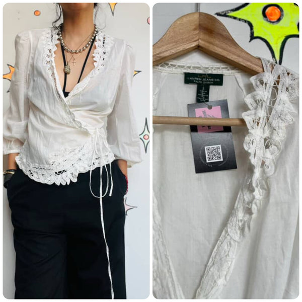 Vintage Ralph Lauren Lacey Cotton Wrap Blouse - Rococo Pirate Fairy Grunge - S