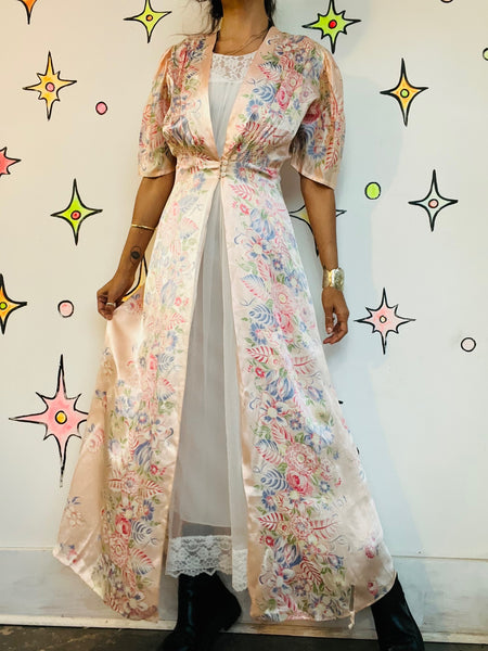 Antique Early 1900s Pink Silk Floral Robe - Rococo Victorian Loungewear - Small