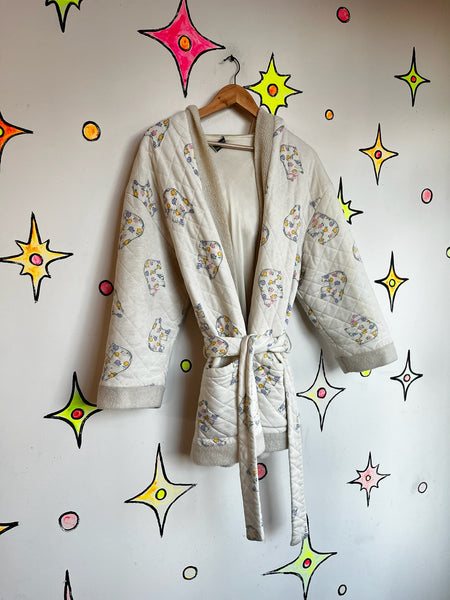 Vintage 80s Pastel QuiltedLounge Babydoll Nighty Robe Hooded Cozy Housecoat ML