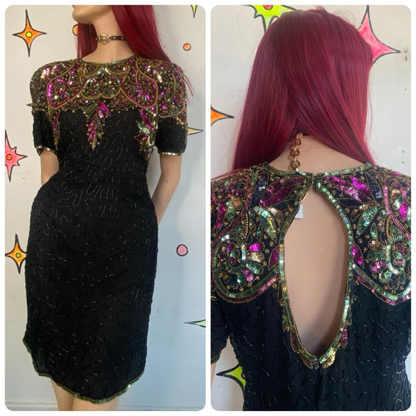 True Vintage 80s Funky Swirly Sequined Silk Midi Dress Formal Editorial Glam L