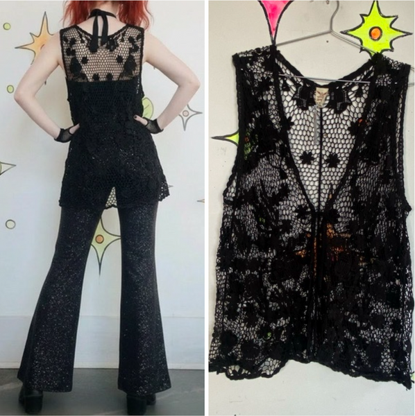 Black Crochet Floral Vest Faded Glory Whimsigoth Boho Layering XL+