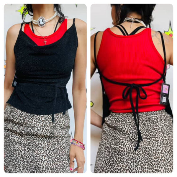 Vintage 90s Y2K Backless Black Glitter Cami – Deadstock Slinky Club Kid Top – M