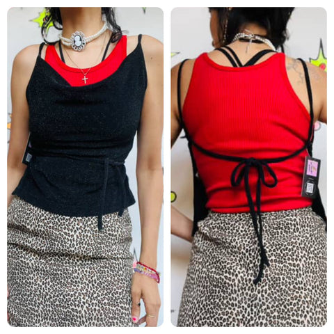 Vintage 90s Y2K Backless Black Glitter Cami – Deadstock Slinky Club Kid Top – M