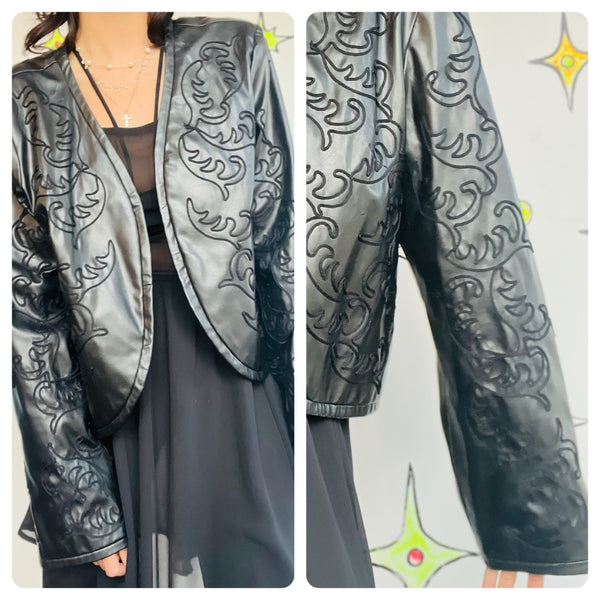 Y2K Vegan Black Faux Leather Jacket Western Embellished Boho Fairy Grunge - XL