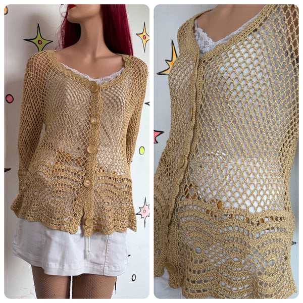 90s Prairie Beige Crochet Lace Cardigan Boho Western Whimsy Grunge | L