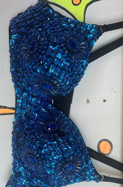 Blue Beaded Bra Top | Y2K Festival Mermaid Glam Sequin Bralette S