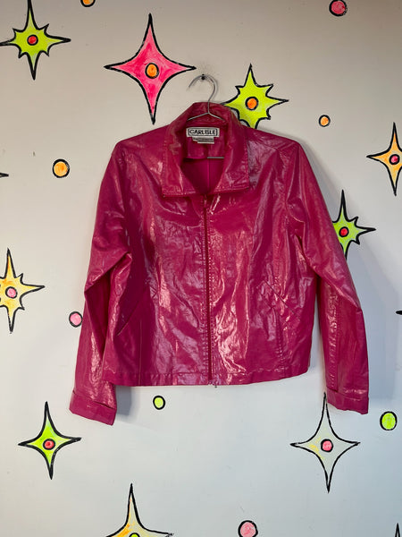 Vintage Pink Glossy Vinyl Zip-Up Barbie Moto Jacket | 90s Plastic Coat | L