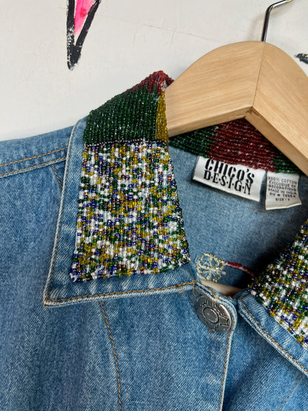 Vintage 90s CHICO’S Embellished Denim Jacket – Boho Grunge Jean Jacket – S-M