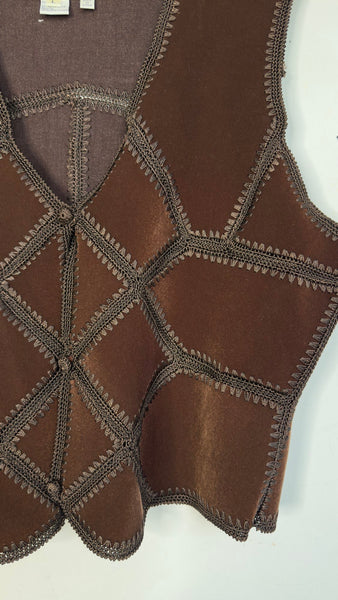 Vintage Brown Western Embroidered Vest | Crochet Panel Vegan Suede Boho Grunge L