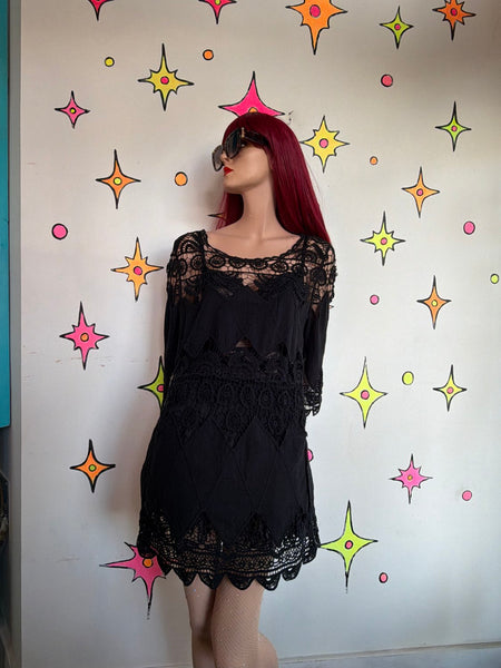 Vintage Black Crochet Mini Dress or Top Cotton Whimsy Goth Boho Grunge - M