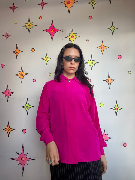 Vintage 80s Hot Pink Silk Blouse Bright Pink Glam Office Siren Top Maximalist M