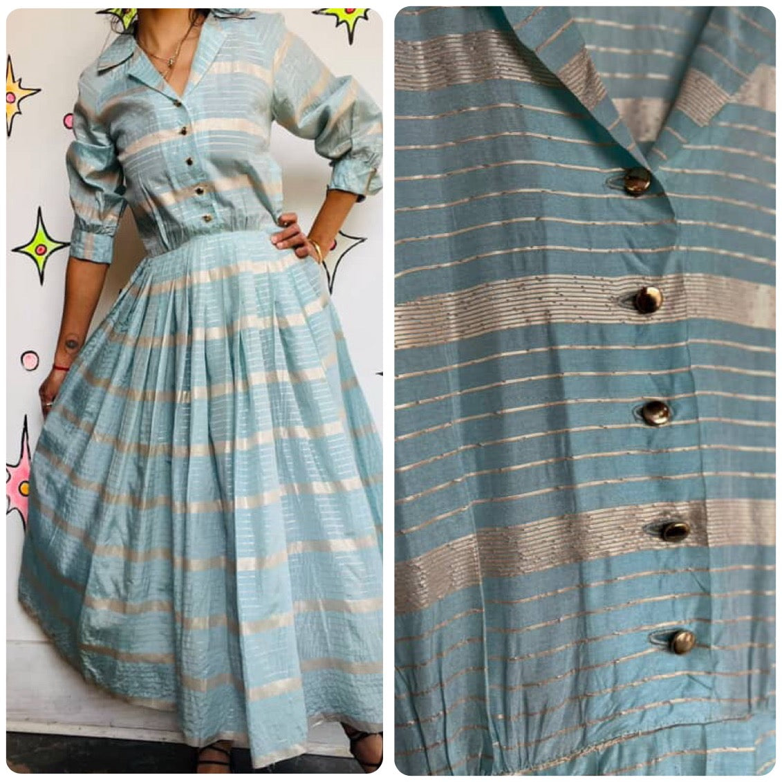 Vintage 1950s Blue & Gold Striped Fit & Flare Dress - Handmade 50s Party Dress