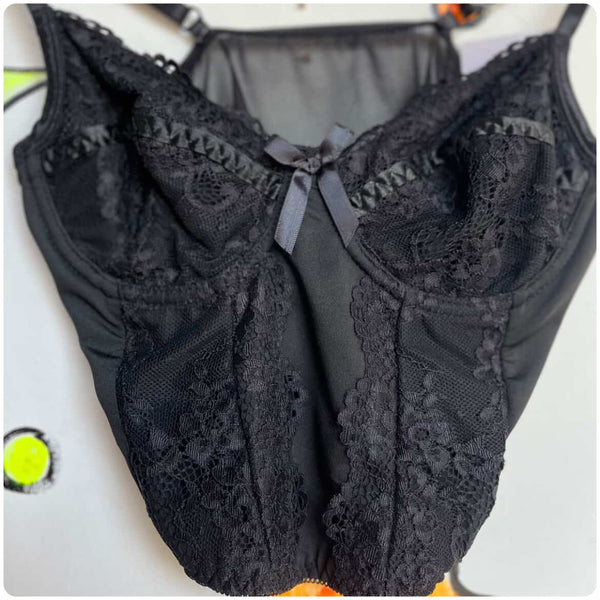 90s Black Lace Cropped Cami - Lingerie Babydoll Bustier Top - Grunge Goth - S