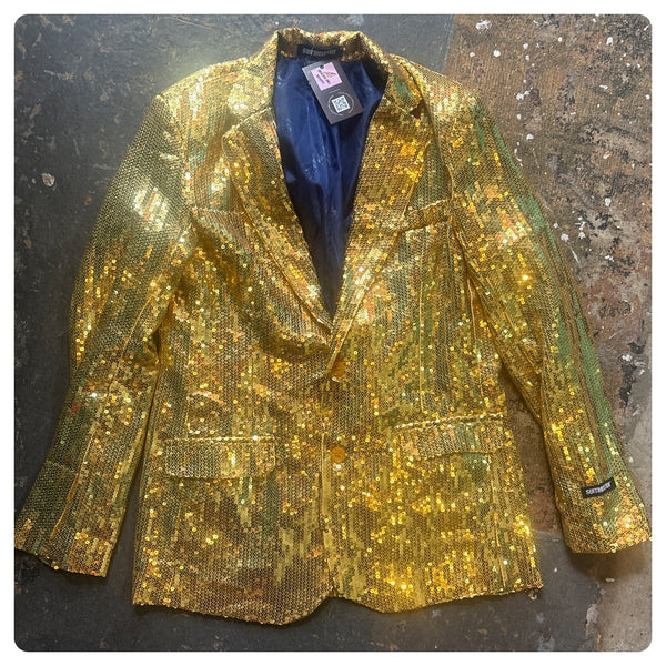 Metallic Gold Men's Tuxedo Smoking Jacket Sequin Bling Disco Party Blazer M/L