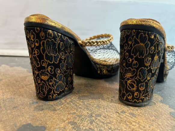 Vintage 40s Black Embellished Peeptoe Platform Heels - 40s Glam Shoes - 7 - 7.5