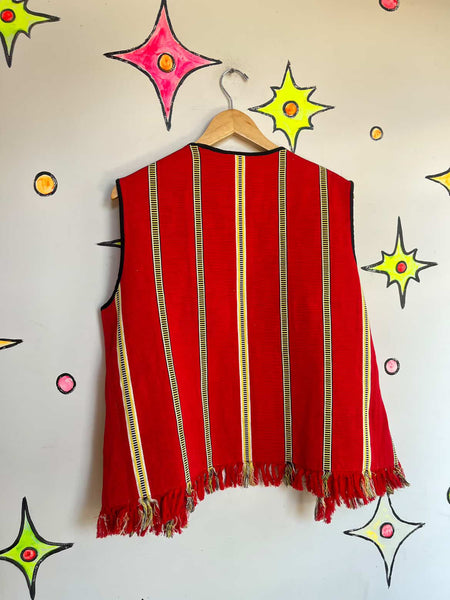 Vintage 60s 70s Boho Grunge Red Tapestry Fringe Vest Festival Hippie Western M/L