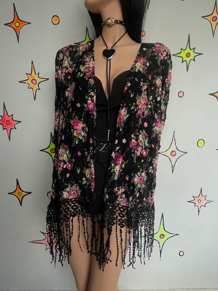 Y2K Black Lace Fringe Top | Whimsy Goth Boho Western Fairy Duster Blouse ML