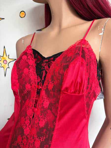 Romantic Red Nylon Lace Full Length Nighty Gown Vamp Pin-Up Glam Vamp Siren S