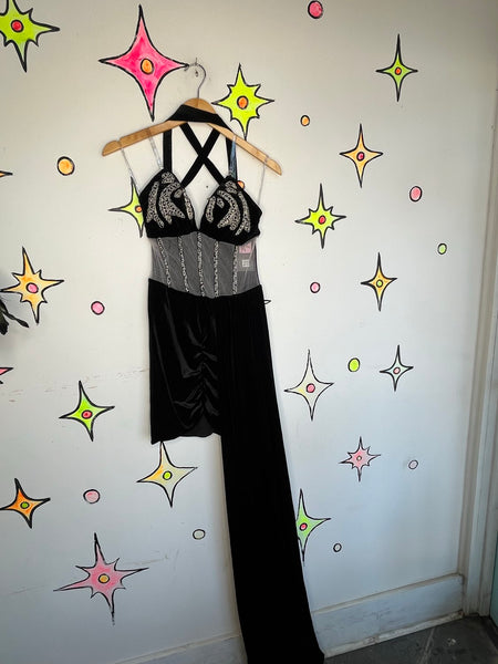 Black Velvet Beaded Gown Sheer Cutout Gothic Formal Dress with Train Size M