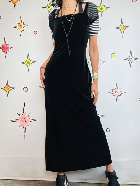 Vintage 90s Black Velvet Maxi Dress w/ Sheer Sleeves – Fairy Grunge Goth – L
