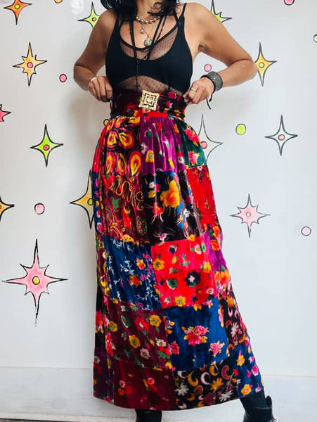 Vintage 60s 70s Boho Velvet Patchwork Maxi Skirt w Belt - Oscar de la Renta – XS