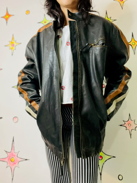 Vintage Y2K Striped Moto Racing Jacket – Vegan Leather – Double Stripe – Large
