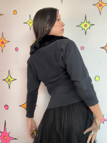 90s Black Faux Fur Trim Cardigan Goth Grunge Glam Cropped Sweater - Large