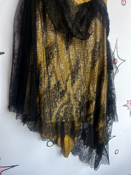 Antique 1920s Gold and Black Lace Flapper Party Dress | Gatsby Era Evening Gown