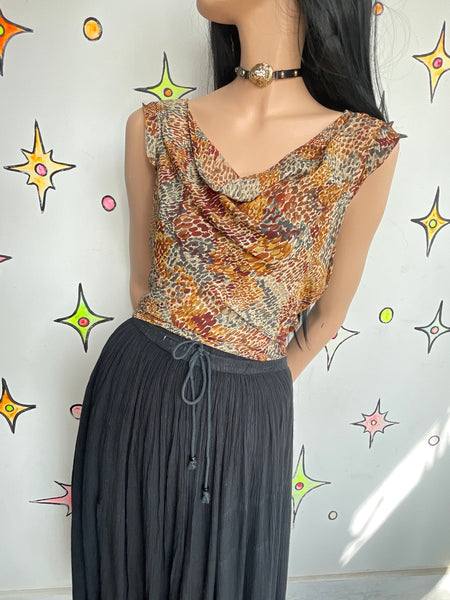 Y2K Silk Cowl Neck Top Snakeskin Print Glam Blouse Earth Tone Fairy Grunge M/L