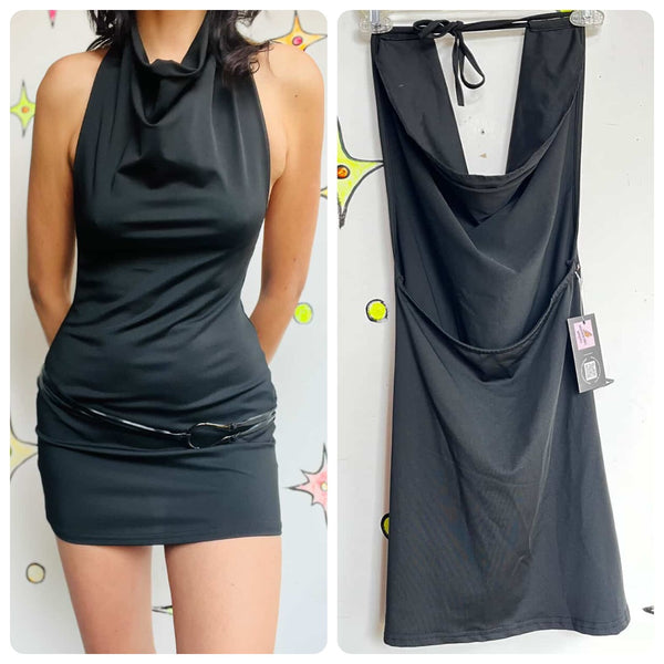Vintage Y2K Stretchy Cowl Neck LBD | Goth Indie Sleaze Party Mini Dress | Small