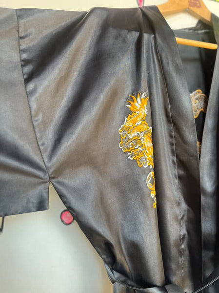 Vintage Black & Gold Satin Embroidered Kimono Lounge Robe w Dragon Size M-L