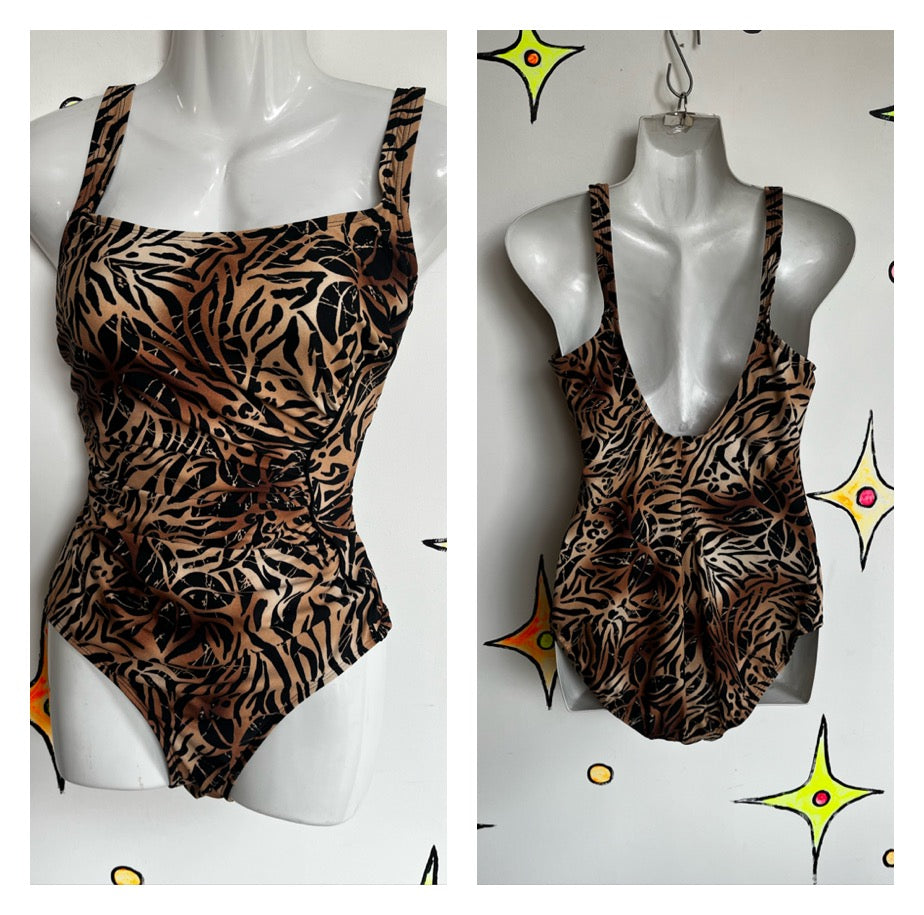 Vintage 70s 80s | Leopard Print One Piece Swimsuit Bodysuit | S M L | 12D