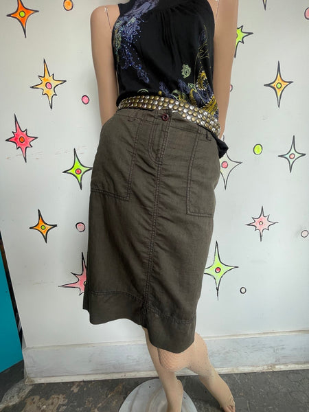 Y2K Low Rise Military Green Utility Cargo Skirt Linen Blend Emo Fairy Grunge M/L