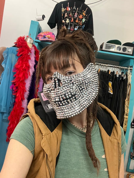 Blinged Out Half Skull Mask Rhinestone Goth Horror Cosplay Mask