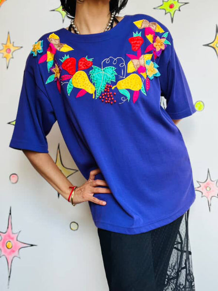 Vintage 80s Embellished Sequin Fruit Tee Deadstock Art Wear Statement Shirt - M