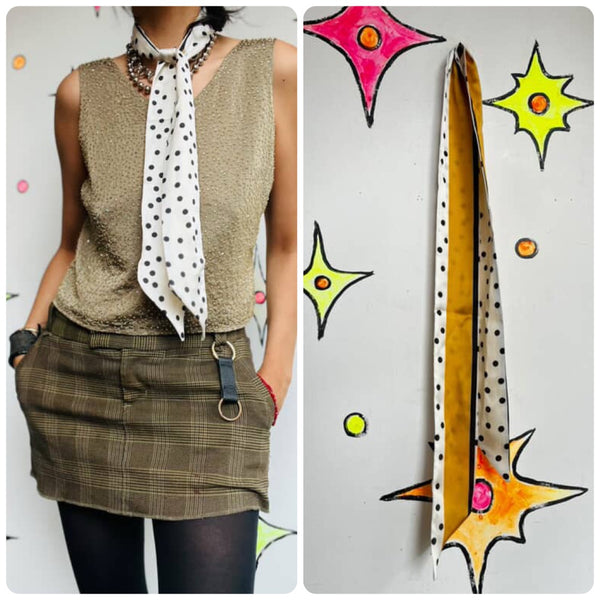 Vintage Black & White with Yellow Polka Dot Long Silk Scarf – Neck Tie Style