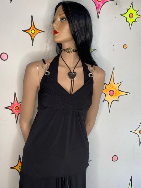 Y2K Black Cami Silver Hardware Top | Emo Fairy Whimsy Goth Glam Tank – M